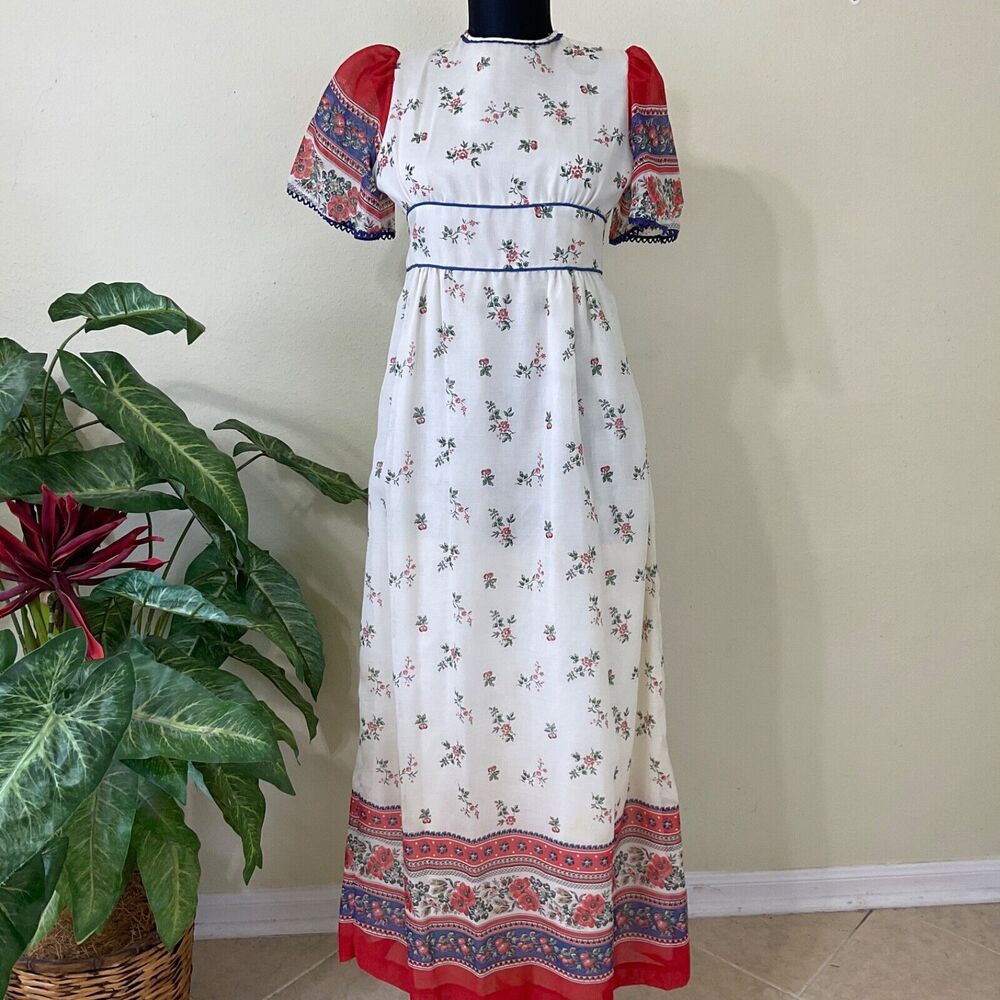 VTG. 70’s  R.A.R. Maxi Dress women’s size 5 Floral Print Milk Maid Prairie